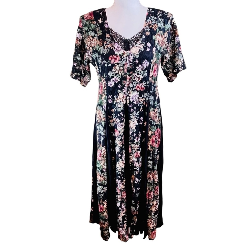 Vintage 90s STARINA Dark Floral Sheer Lace Maxi Dress S Pleats Romantic Boho